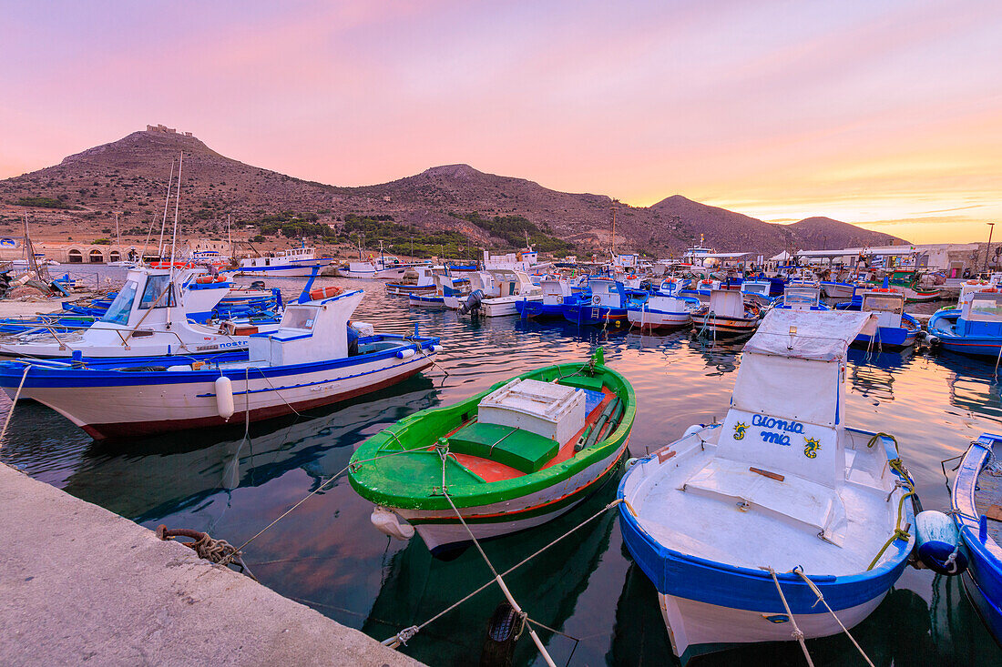 Fishing boats at the harbor, Favignana island, Aegadian Islands, province of Trapani, Sicily, Italy, Mediterranean, Europe
