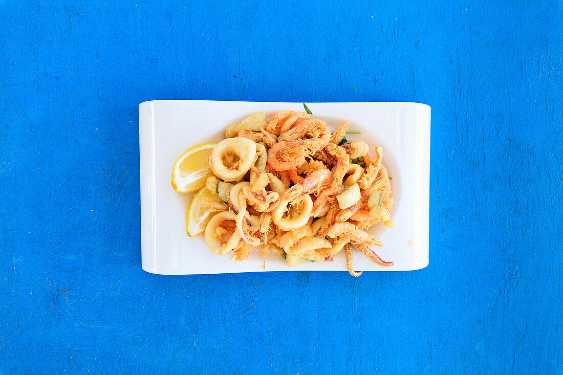 Fried seafood on platter, Sicily, Italy, Europe