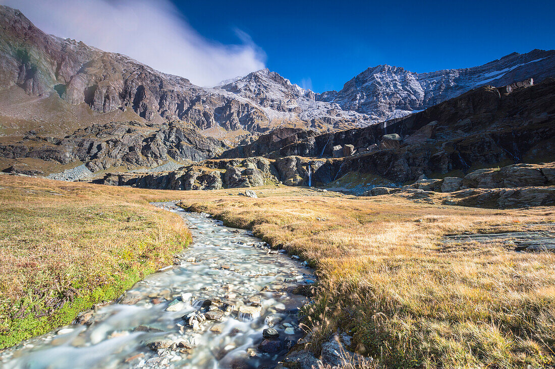 Creek flowing between meadows, Alpe Fora, Malenco Valley, province of Sondrio, Valtellina, Lombardy, Italy, Europe