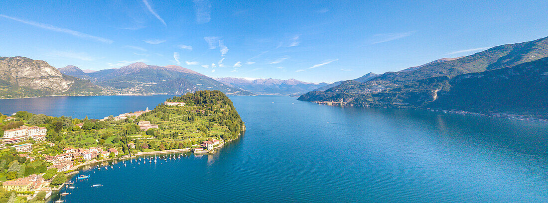 Panoramic aerial view of the village of Pescallo and Lake Como, Bellagio, Province of Como, Lombardy, Italian Lakes, Italy, Europe (Drone)