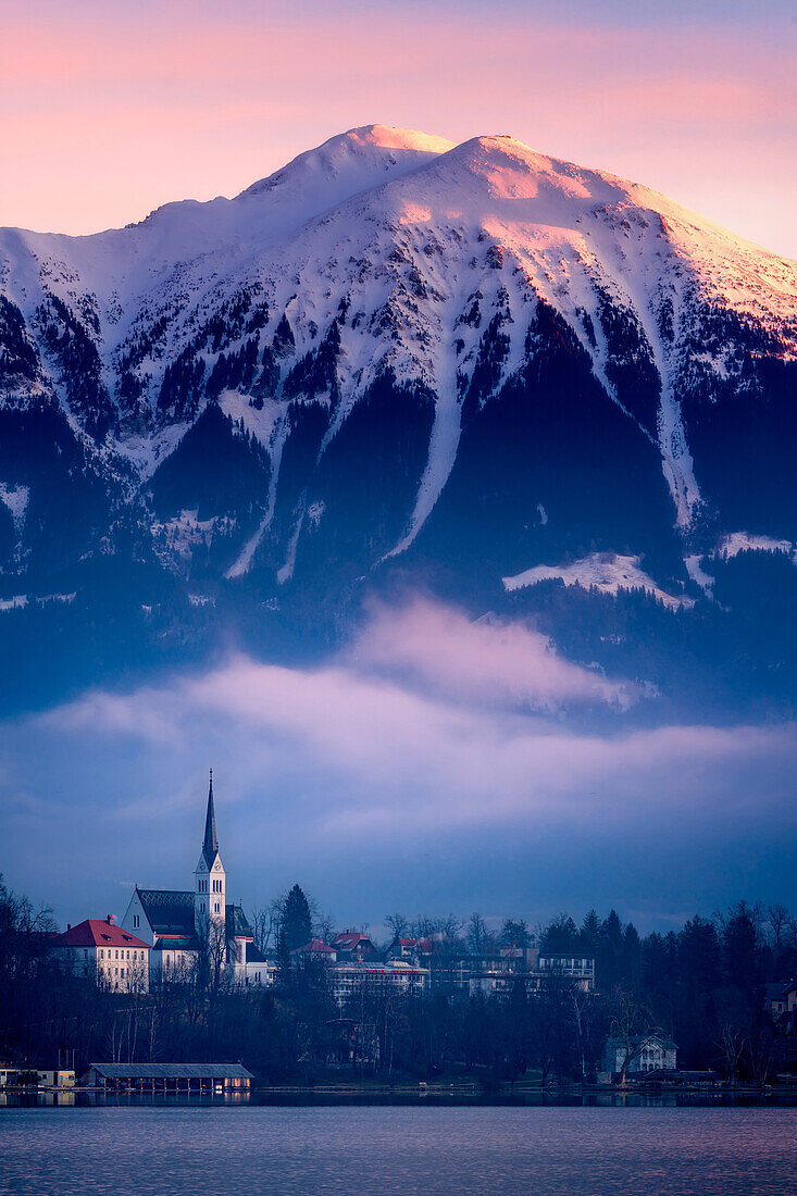 The Church of St. Martin at sunrise, Lake Bled, Slovenia, Europe