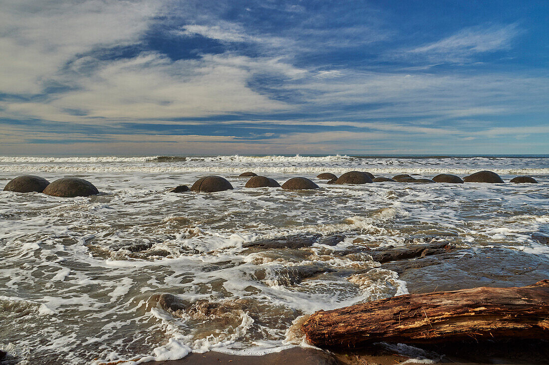 Moeraki Boulders, a group of very large spherical boulders on Koekohe Beach near Moeraki on the coast of Otago, South Island, New Zealand, Pacific