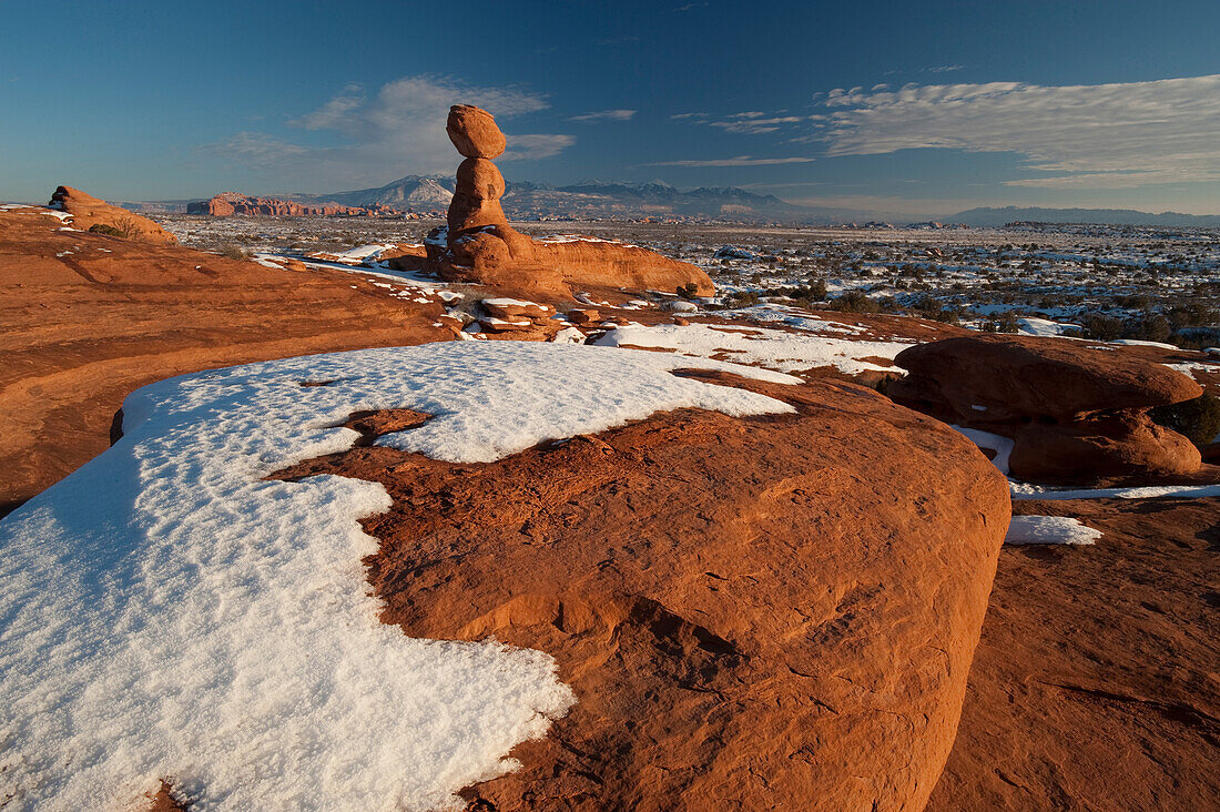 Sandstone rock formation in winter, La Sal Mountains, Arches National Park, Utah