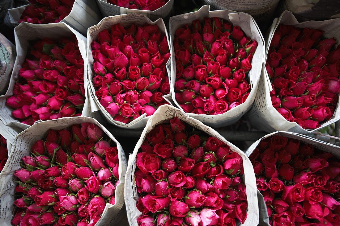 Bunches of roses at the market