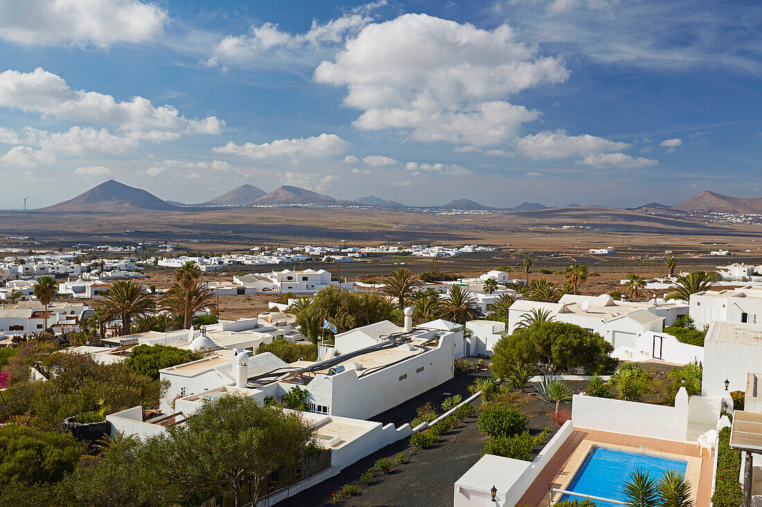 View from the museum Lagomar at Nazaret (Teguise) and the direction of San Bartolomé and the surrounding volcanoes, Atlantic Ocean, Lanzarote, Canary Islands, Islas Canarias, Spain, Europe