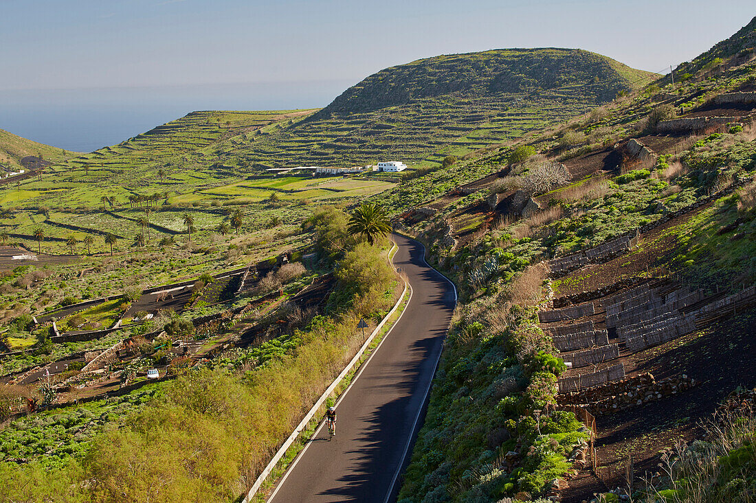 Blick auf Felder und Finca an der PR-LZ 16 bei Haría, Lanzarote, Kanaren, Kanarische Inseln, Islas Canarias, Spanien, Europa
