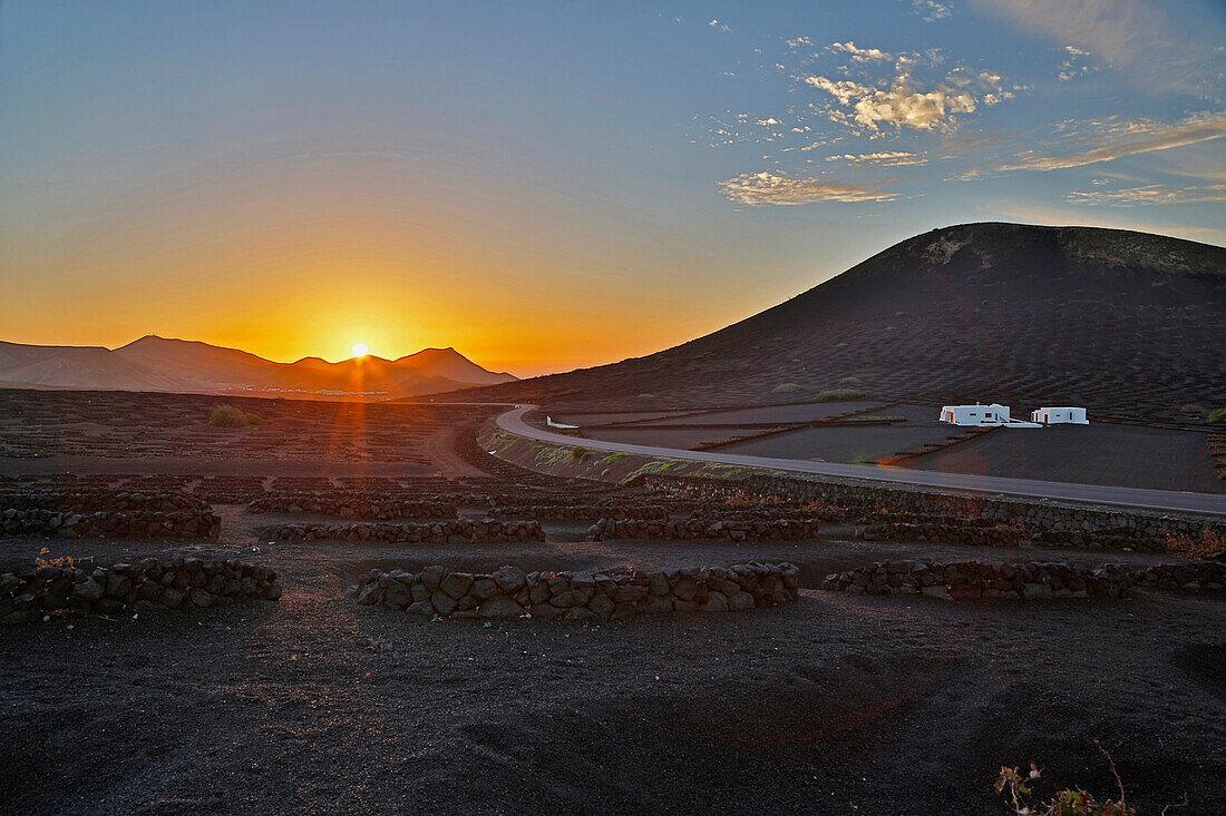 Wine growing area La Geria at the foot of the Montanas del Fuego de Timanfaya, Lanzarote, Canary Islands, Islas Canarias, Spain, Europe