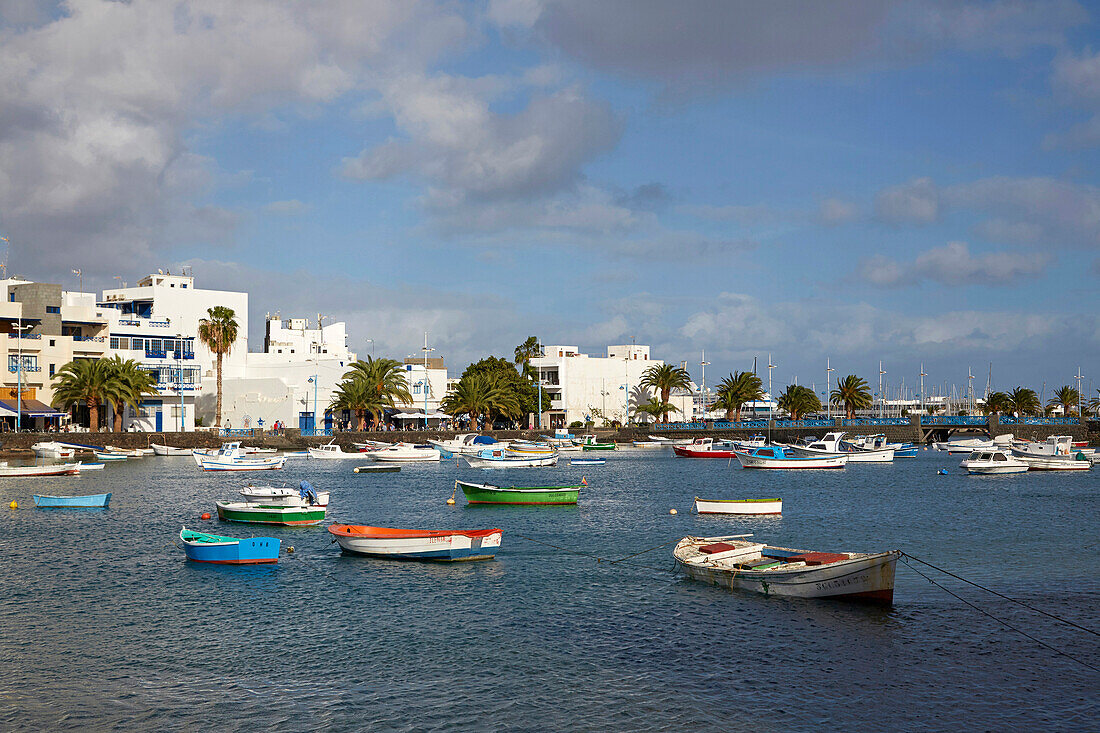 Bunte Fischerboote am Charco San Ginés in Arrecife, Atlantik, Lanzarote, Kanaren, Kanarische Inseln, Islas Canarias, Spanien, Europa