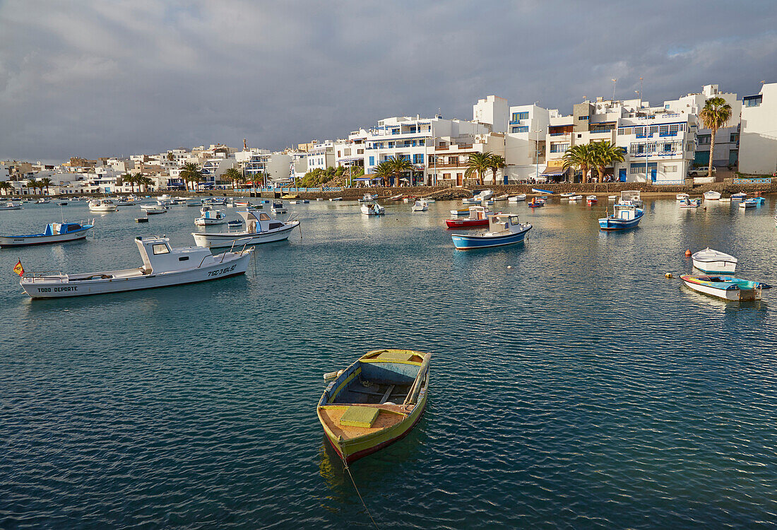 Multicoloured fishing-boats at the Charco San Ginés at Arrecife, Atlantic Ocean, Lanzarote, Canary Islands, Islas Canarias, Spain, Europe