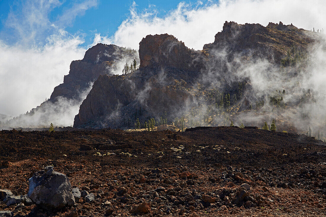 Aufziehender Nebel im Parque Nacional del Teide, Las Canadas, Weltnaturerbe, Teneriffa, Kanaren, Kanarische Inseln, Islas Canarias, Spanien, Europa