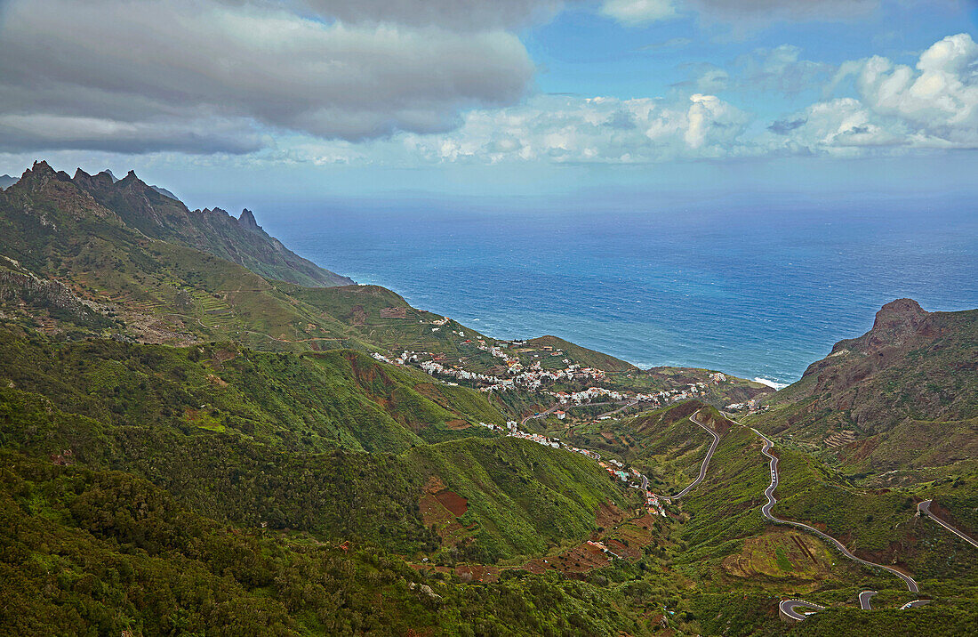 View across the Anaga mountains at Taganana and the sea, Tenerife, Canary Islands, Islas Canarias, Atlantic Ocean, Spain, Europe