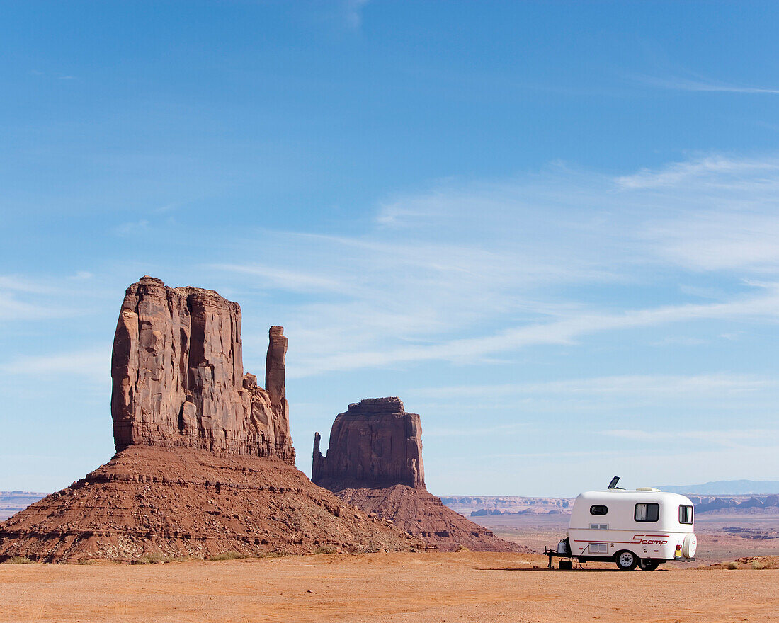 Travel trailer parked in the Monument Valley, Arizona, Utah.