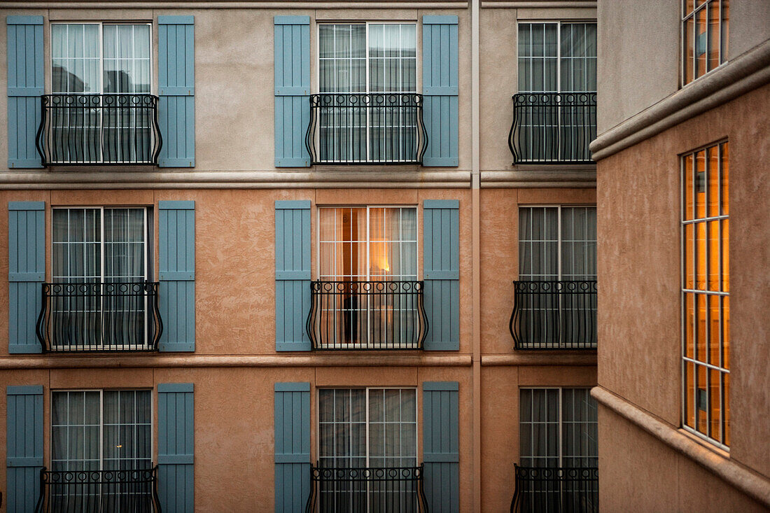 Exterior view of hotel windows.