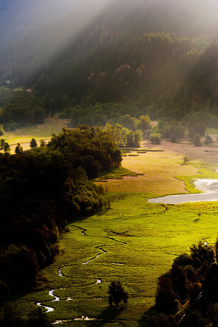 At sunrise, a elevated view of farm land along the Columbia River Gorge. Oregon.