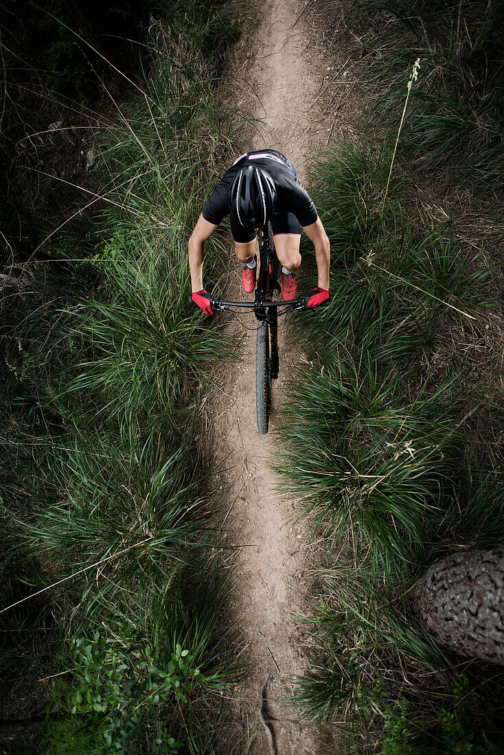 View from above of mountain biker, La Sentiu, Barcelona, Catalonia, Spain