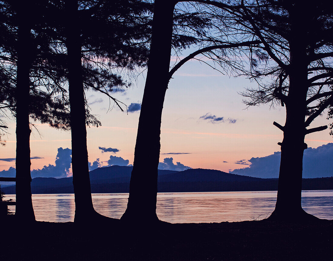 Silhouettes of trees on shore of Flagstaff Lake at sunset, Maine, USA