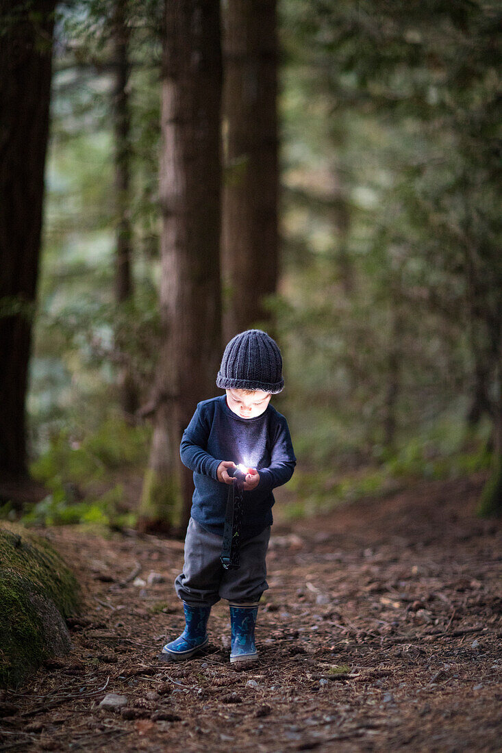 Boy holding and using headlamp in forest at evening, Harrison Hot Springs, British Columbia, Canada
