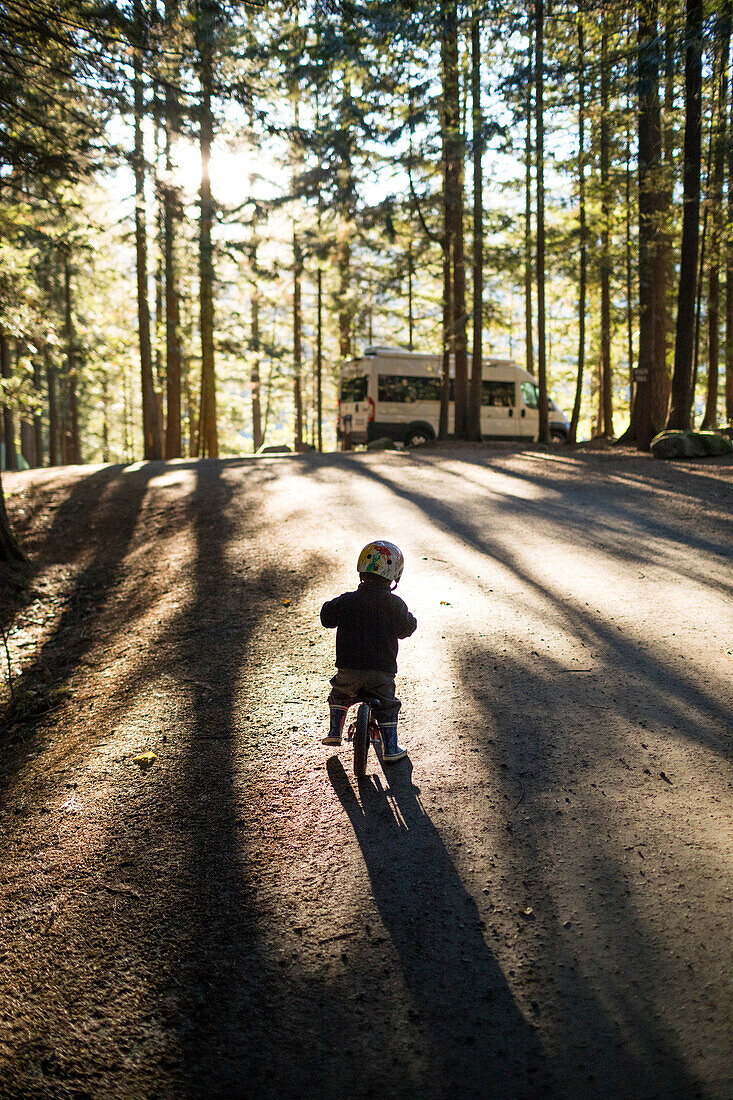 Baby boy riding children's bike in forest, Harrison Hot Springs, British Columbia, Canada