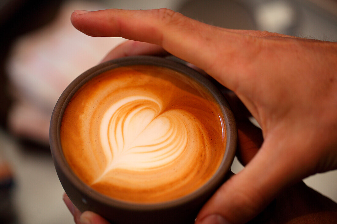 Close up of hands of person holding cappuccino with heart shape froth art, San Francisco, California, USA