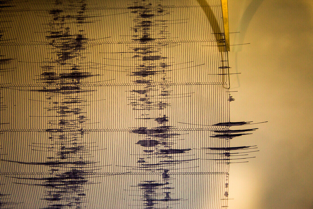 A seismometer reading in the Jagger Museum on the edge of Kilauea Caldera in Hawai'i Volcanoes National Park, Big Island Hawaii.