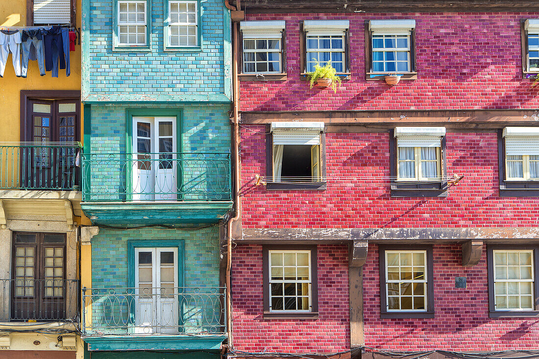 Windows and balconies of colorful terrace houses, Porto, Portugal