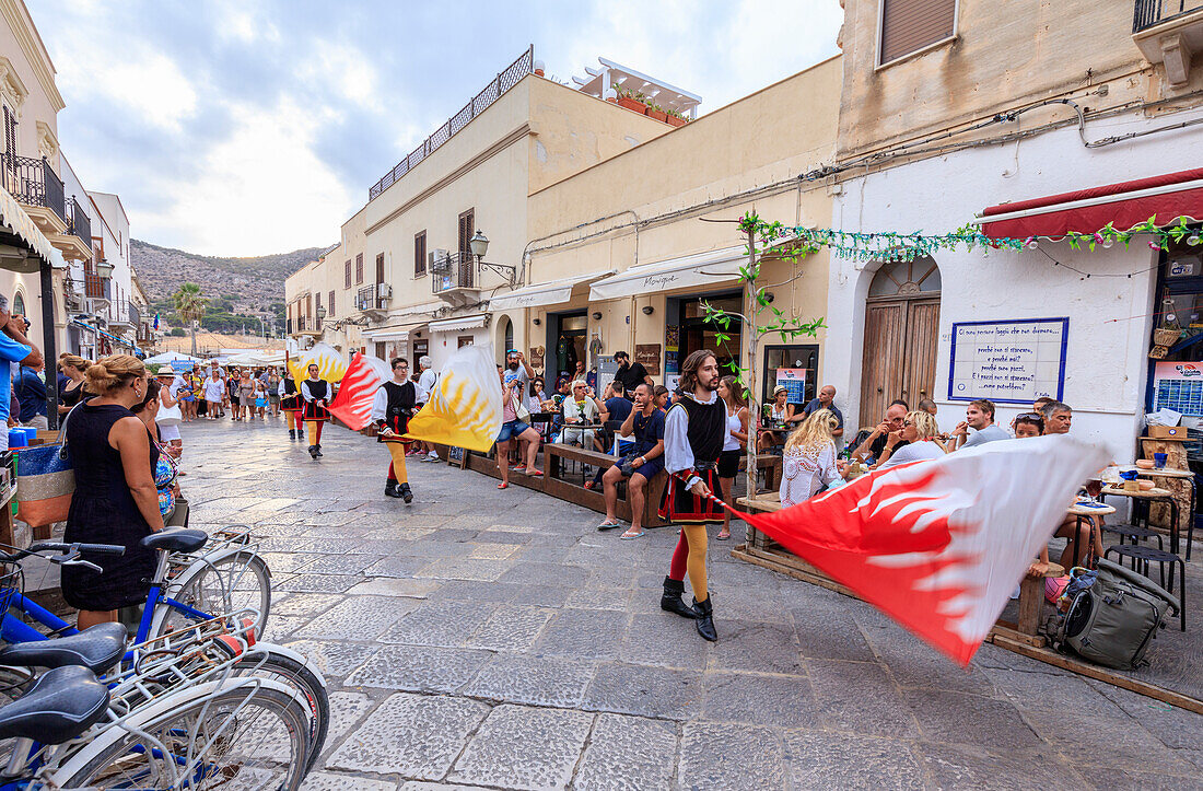 Parade of traditional costumes and flags, Favignana island, Aegadian Islands, province of Trapani, Sicily, Italy, Europe