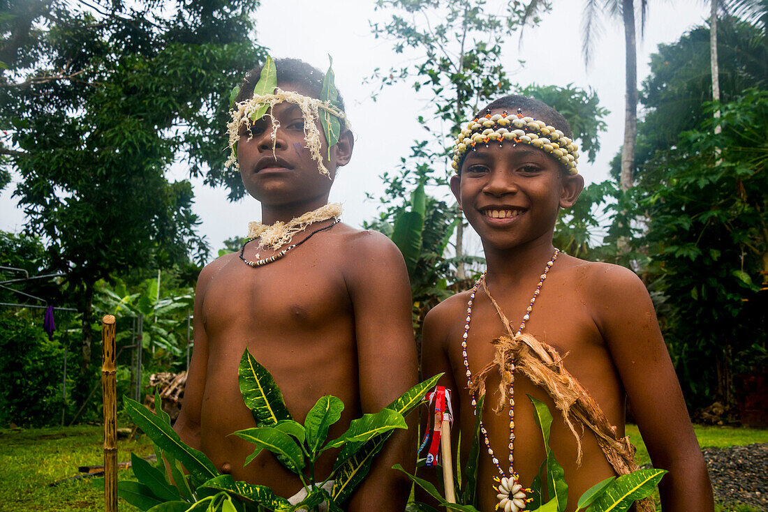 Traditional dressed boys in a war ceremony, Manus Island, Admiralty Islands, Papua New Guinea, Pacific