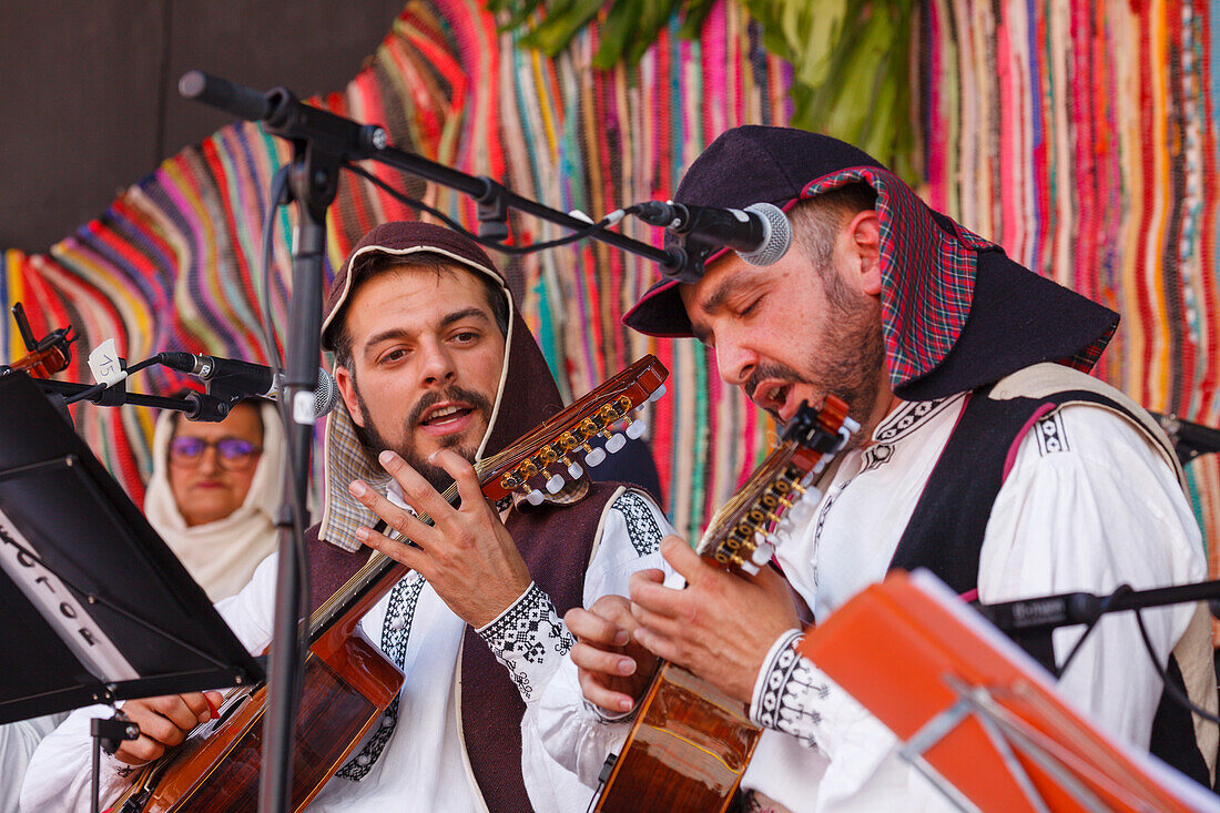 folk musicians, traditional costumes, festival on the day of the Canary Island, folk group, springtime, Los Sauces, San Andres y Sauces, UNESCO Biosphere Reserve, La Palma, Canary Islands, Spain, Europe