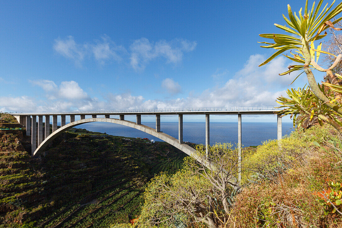 Puente de Los Tilos, längaste Bogenbrücke Spaniens, Barranco de Aguas, Schlucht, bei Los Sauces, San Andres y Sauces, UNESCO Biosphärenreservat, La Palma, Kanarische Inseln, Spanien, Europa