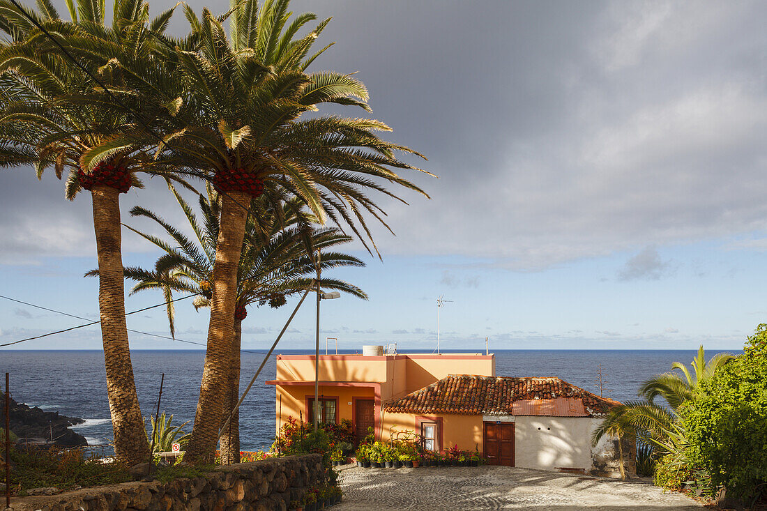 Haus mit Palmen, Atlantik, San Andres, Dorf, San Andres y Sauces, UNESCO Biosphärenreservat, La Palma, Kanarische Inseln, Spanien, Europa