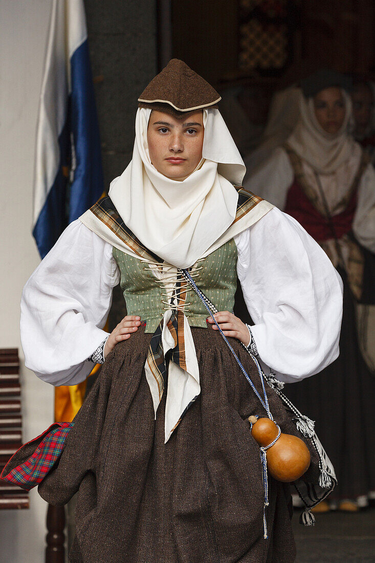 young woman, costumes show, folk group, Plaza de Espana, town hall square, Santa Cruz de La Palma, capital of the island, UNESCO Biosphere Reserve, La Palma, Canary Islands, Spain, Europe