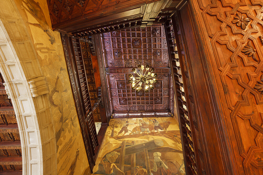 Mudejar-style wooden panaled ceiling, town hall, inside, Santa Cruz de La Palma, capital of the island, UNESCO Biosphere Reserve, La Palma, Canary Islands, Spain, Europe