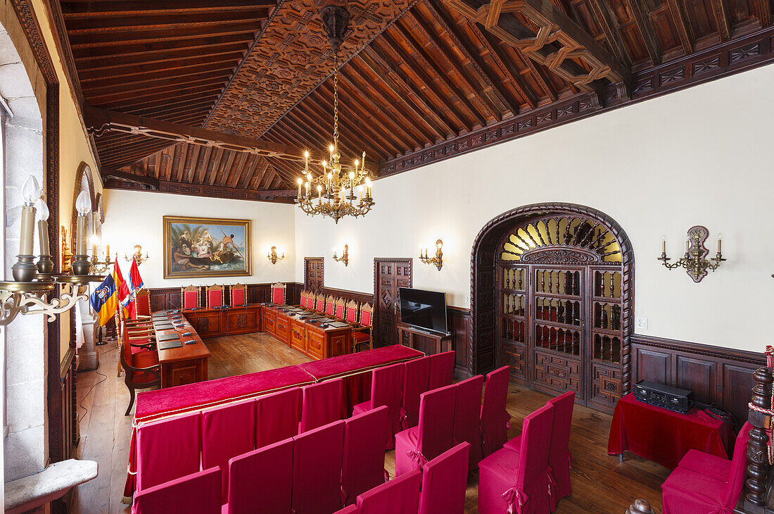 Mudejar-style wooden panaled ceiling, town hall, inside, Santa Cruz de La Palma, capital of the island, UNESCO Biosphere Reserve, La Palma, Canary Islands, Spain, Europe