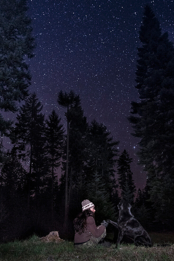 Domestic Dog (Canis familiaris) named Scooby, a scent detection dog with Conservation Canines, at night with field technician Jennifer Hartman, northeast Washington