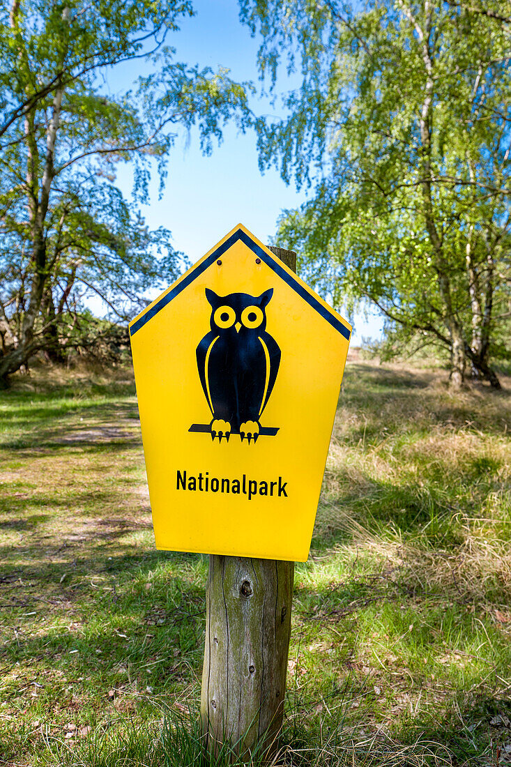 Schild, Nationalpark, Dünenheide, Insel Hiddensee, Mecklenburg-Vorpommern, Deutschland