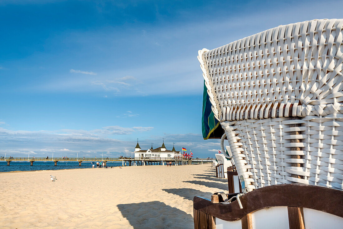 Beach chairs and pier, Ahlbeck, Usedom island, Mecklenburg-Western Pomerania, Germany