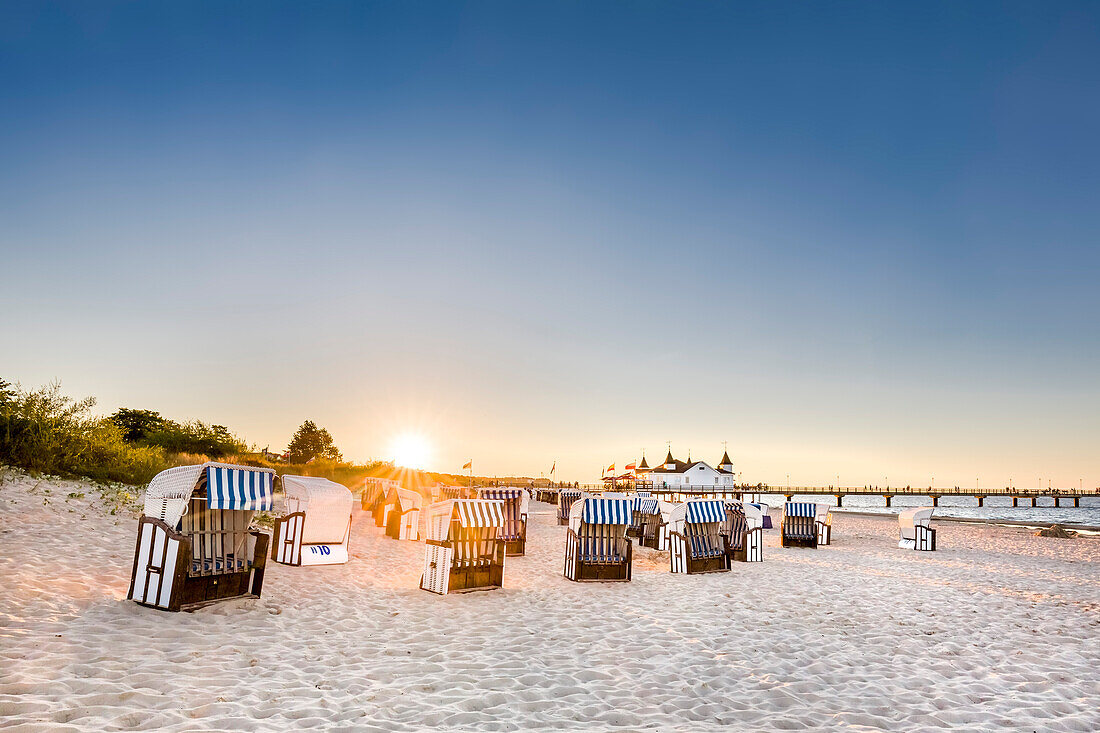 Beach chairs and pier, Ahlbeck, Usedom island, Mecklenburg-Western Pomerania, Germany