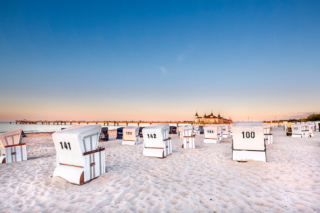 Beach chairs and pier, Ahlbeck, Usedom island, Mecklenburg-Western Pomerania, Germany