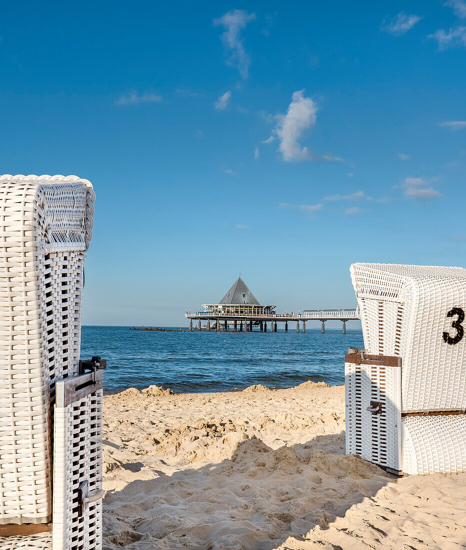 Beach chairs and pier, Heringsdorf, Usedom island, Mecklenburg-Western Pomerania, Germany