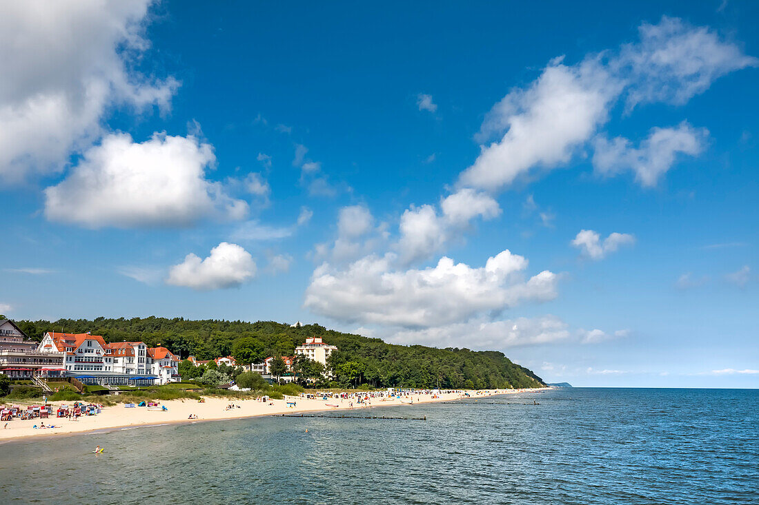 View from pier, Bansin, Usedom island, Mecklenburg-Western Pomerania, Germany