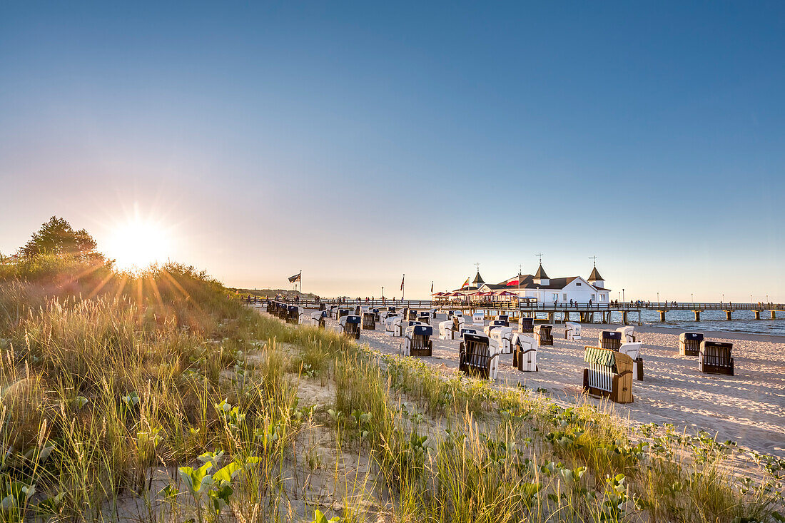 Pier at sundown, Ahlbeck, Usedom island, Mecklenburg-Western Pomerania, Germany