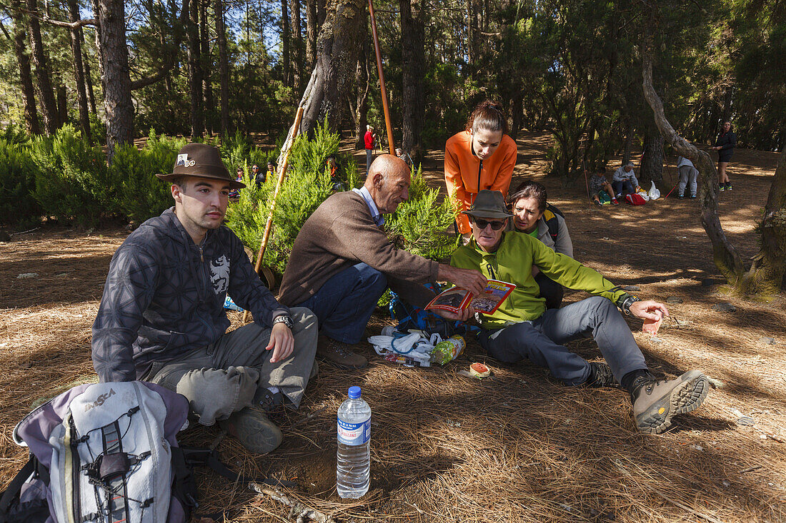 rest, hiking tour along PR LP 14, hiking trail, group, hiking guide, Parque Natural de Cumbre Vieja, UNESCO Biosphere Reserve, La Palma, Canary Islands, Spain, Europe