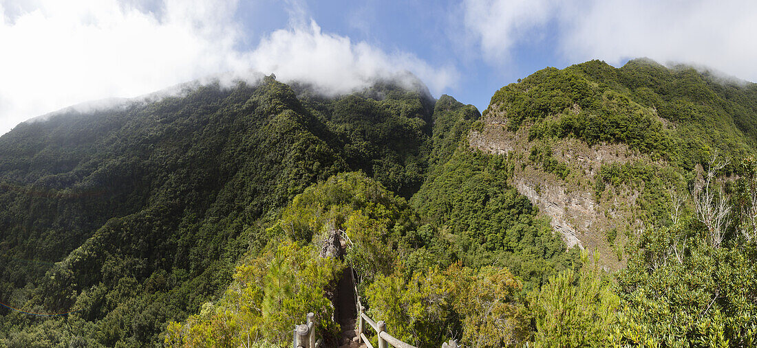 Mirador Espigon Atravesado, Aussichtspunkt mit Blick auf die Ostflanke der Caldera de Taburiente, Los Tilos, Parque Natural de las Nieves, UNESCO Biosphärenreservat, La Palma, Kanarische Inseln, Spanien, Europa
