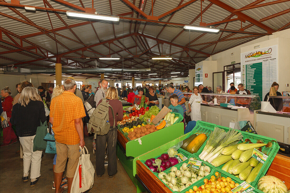 Mercadillo, weekly market, market hall, in the El Fayal pinewood near Puntagorda, Puntagorda, UNESCO Biosphere Reserve, La Palma, Canary Islands, Spain, Europe