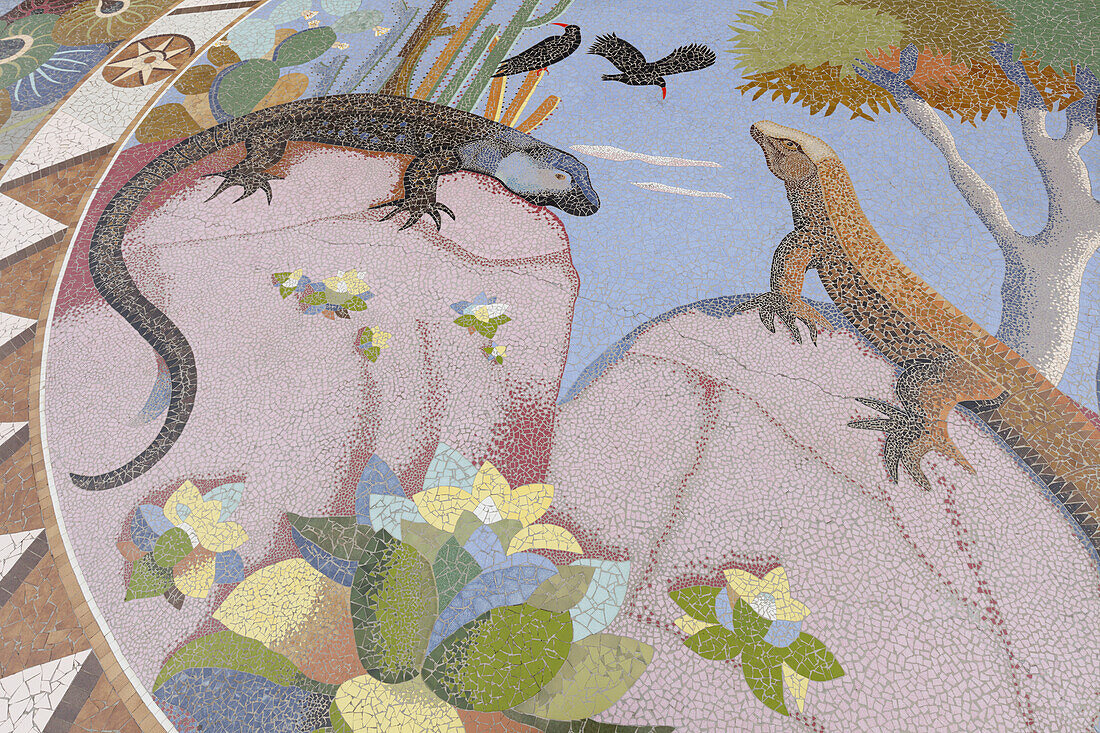 canarian lizards, mosaic by the artist Luis Morera, La Glorieta, parc, square, Las Manchas, UNESCO Biosphere Reserve, La Palma, Canary Islands, Spain, Europe