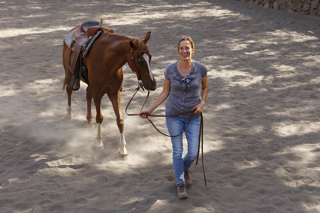 woman with horse, equestrian, La Montanita, near El Paso, UNESCO Biosphere Reserve, La Palma, Canary Islands, Spain, Europe