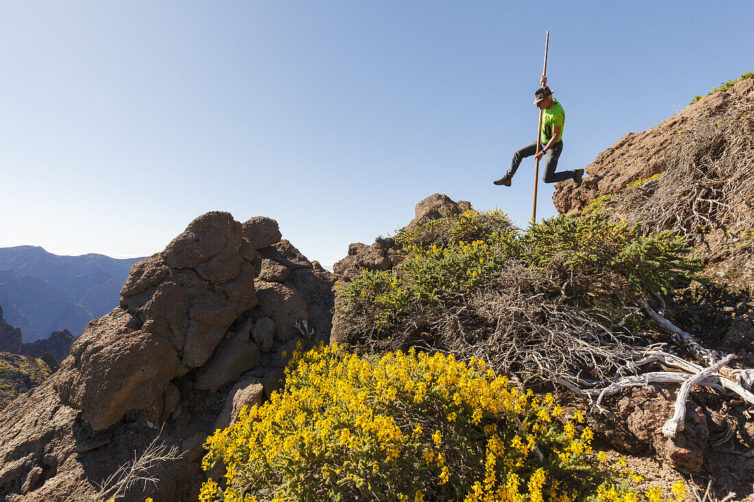 man jumping with the canarian crook, Salto del Pastor Canario, crater rim, Caldera de Taburiente, UNESCO Biosphere Reserve, La Palma, Canary Islands, Spain, Europe