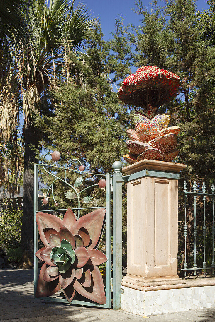 entrance, El Jardin de las Delicias, Parque Botanico, town parc, designed by the artist Luis Morera, Los Llanos de Aridane, UNESCO Biosphere Reserve, La Palma, Canary Islands, Spain, Europe