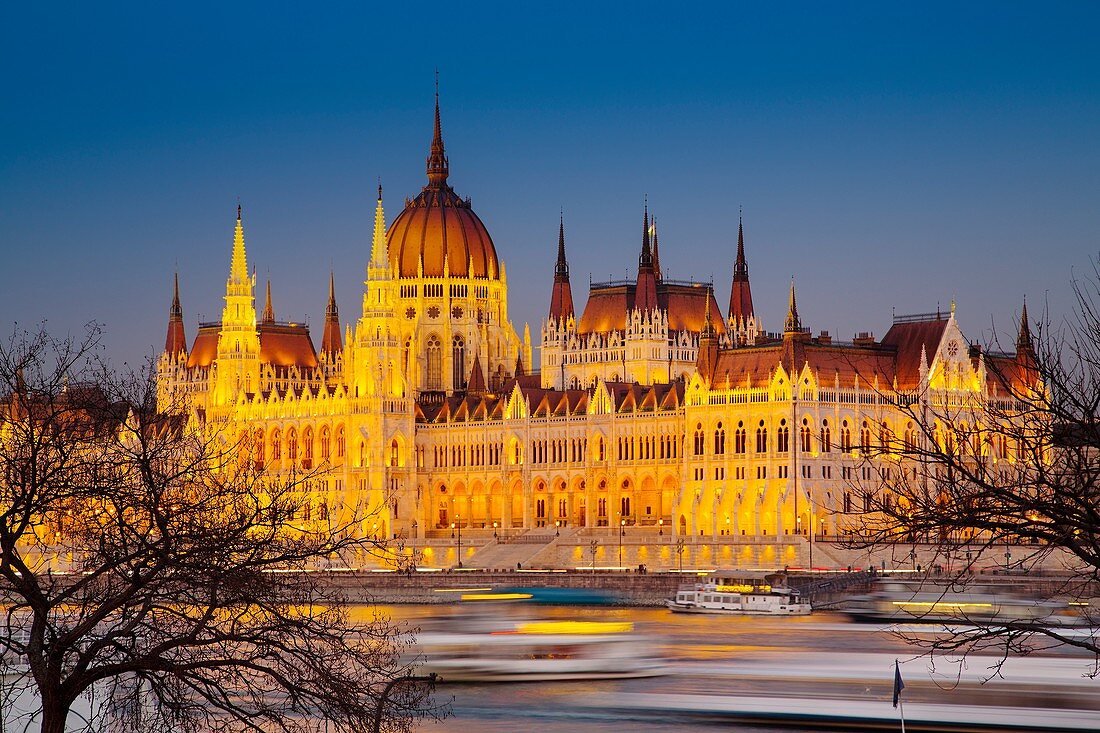 Hungarian Parlament building at night, Neogothic Style, National Assembly. Banks of Danube river. Budapest Hungary, Southeast Europe.