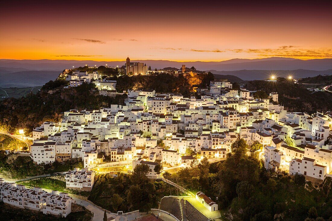 Panoramic at dusk. White village of Casares, Malaga province Costa del Sol. Andalusia Southern Spain, Europe.